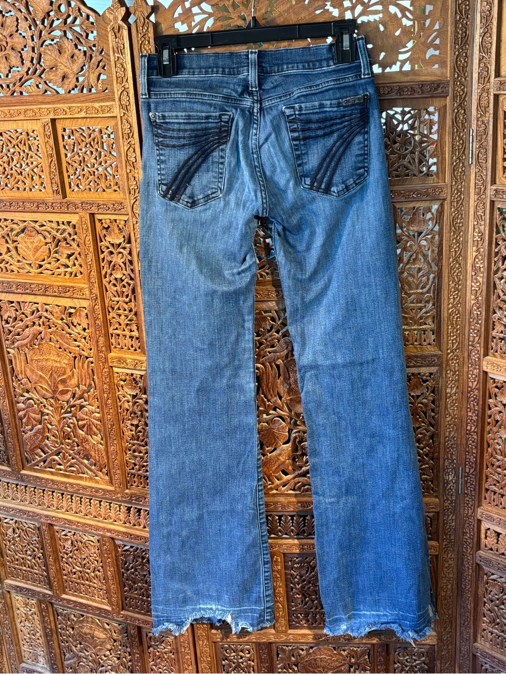 7 For All Mankind Blue Flared Jeans with Frayed Hem